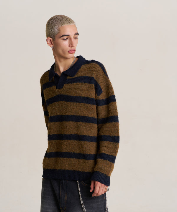 STRIPE COLLAR KNIT -BROWN