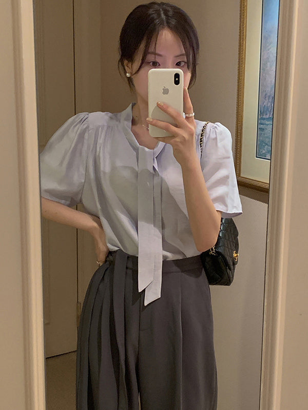 Cows Tie Two-Way Spring Shirring Short Sleeve Blouse (3 color)