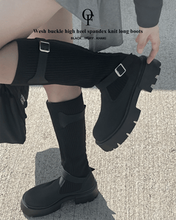 ウェッシュバックルハイヒールスパンニットロングブーツ (3 colors)