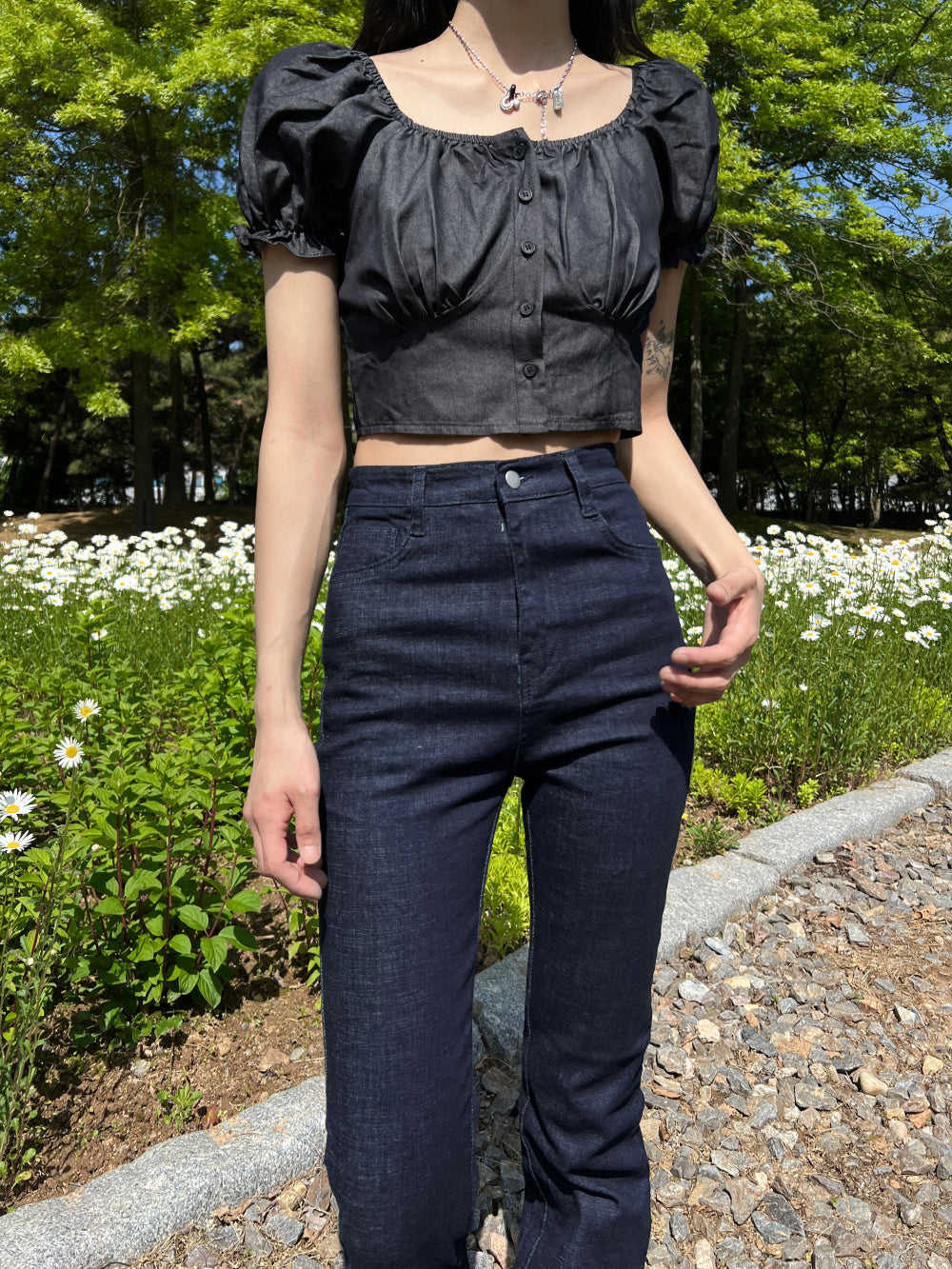 Denim off-shoulder square neck puff crop top (3 colors)