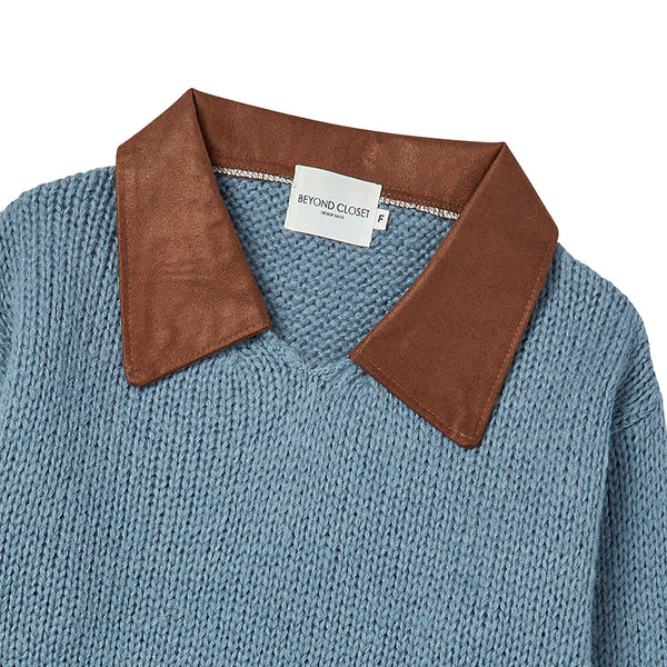 [WOMEN'S EDITION] NOMANTIC VINTAGE LEATHER COLLAR WOOL COTTAGE KNIT BLUE