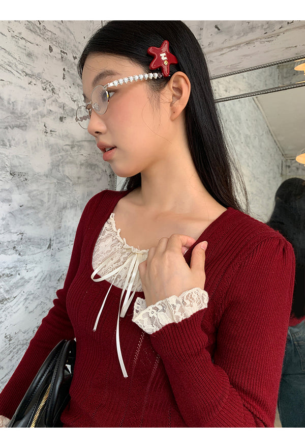 Square lace layered long-sleeved knitwear