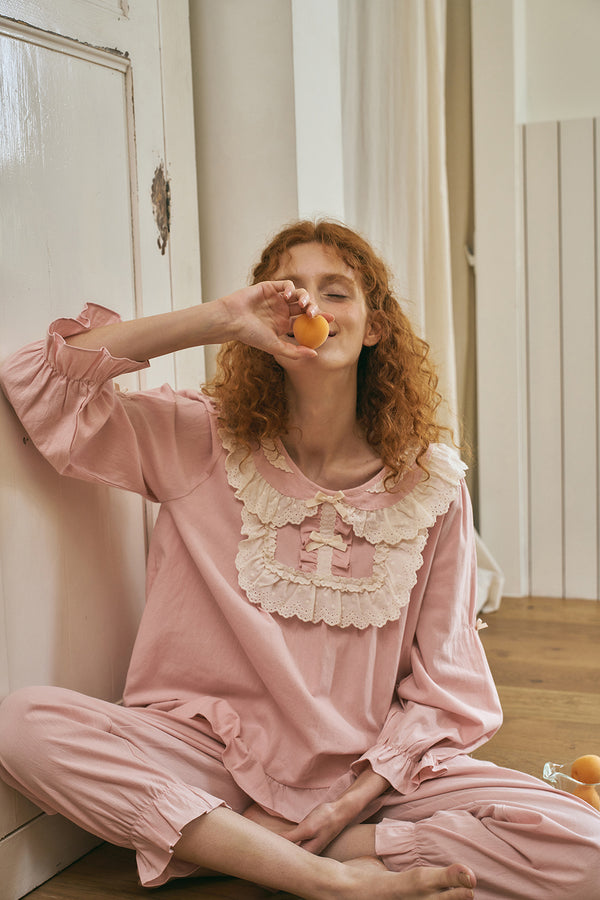 (24217WTLLN) ULLALA PAJAMAS Charles Long Sleeve Two-Piece Peach (30'S) Free Size