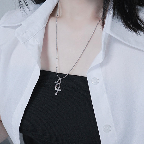 all surgical steel stone cubic double cross necklace