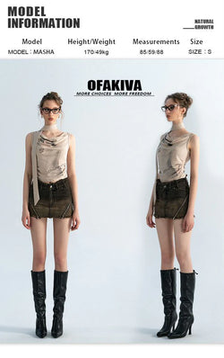 [Stock] OfAkiva“リフューザルアティチュード”カーキプリントTシャツウーマンズサマープリーツカラートップ