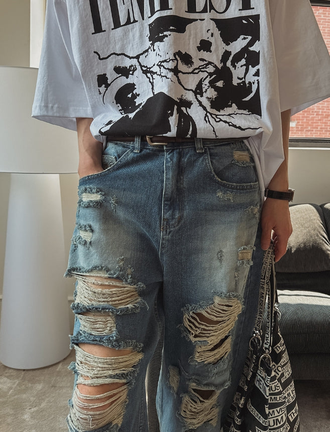 【U LAN】Funky Damage Wide Denim Pants Funky Damage Wide Denim Pants - 2PLAN | 60% - Asian Fashion