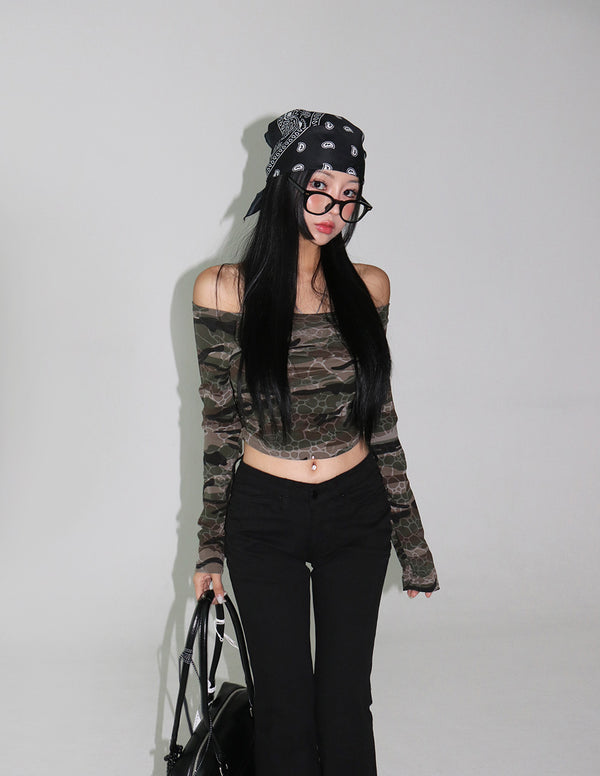 Camo Military Off-Shoulder T-Shirt