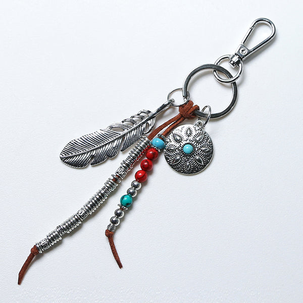 navajo feather & beads keyring brown