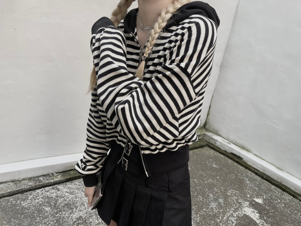 Waffle Stripe Crop Hoodie (2colors)