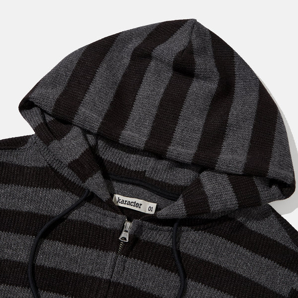 Striped knit hooded zip up / Black charcoal