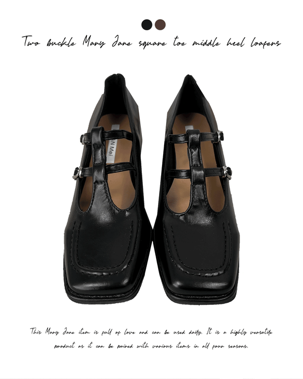 2バックルメリージェーンスクエアトゥミドルヒールローファー (2 colors)