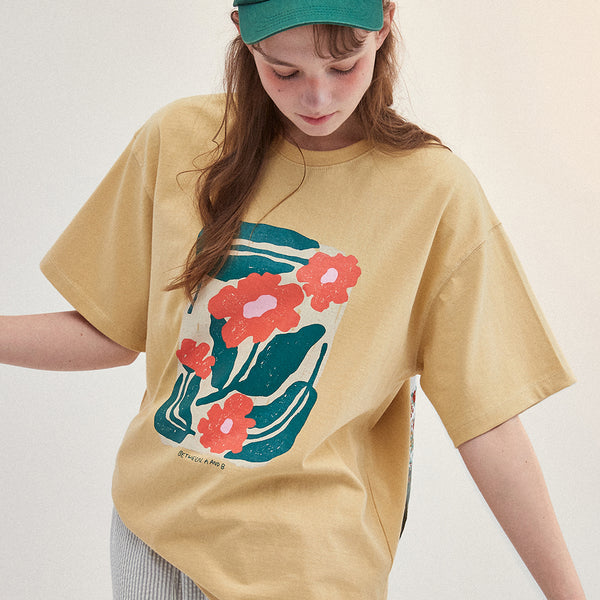 花の絵 オーバーサイズTシャツ イエロー