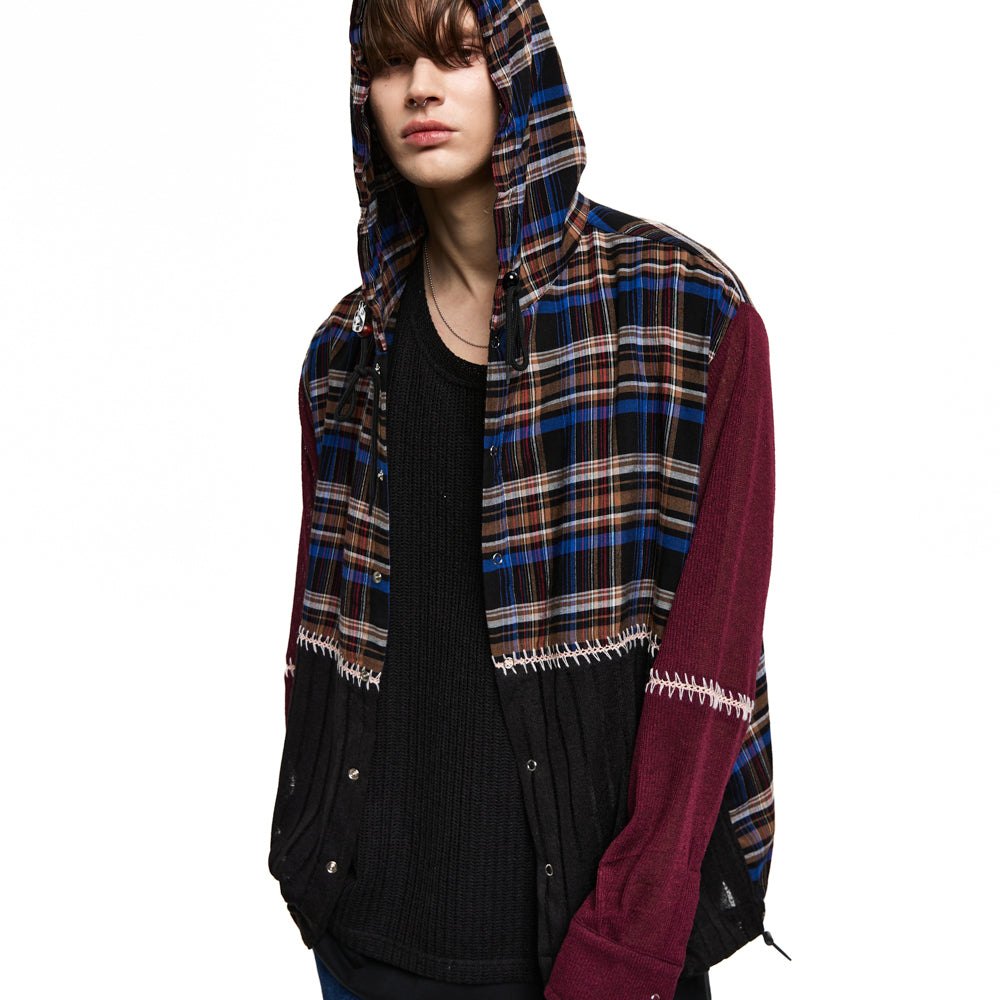 KNIT MIXED CHECK HOOD - BLACK