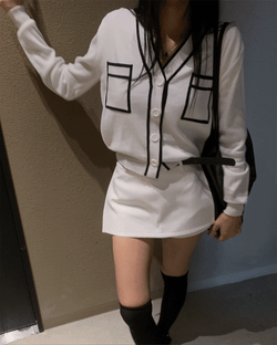 アトリエラインYネックツートーンポケットニットロングスリーブカーディガン (3 colors)