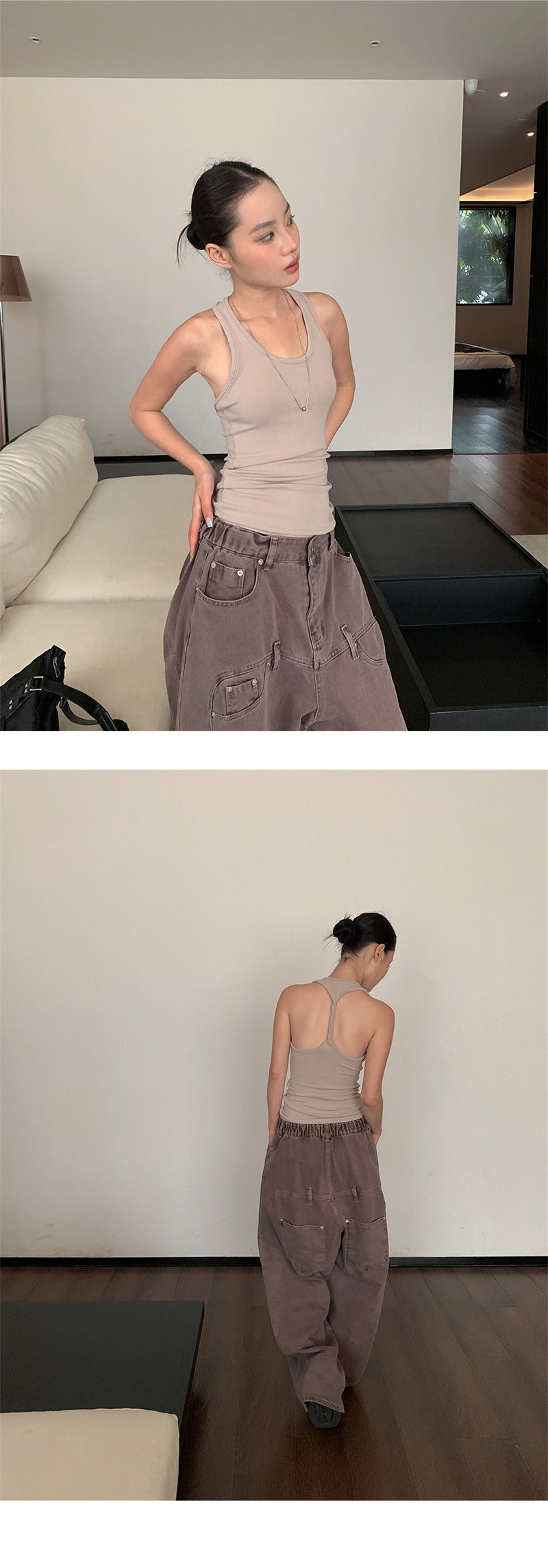 バックストラップスパンデックスコットンノースリーブTシャツ