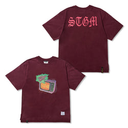 Paranoid TV Vintage-Like Washed Oversized Short Sleeves T-Shirts Burgundy / Charcoal