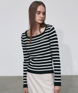 STRIPE LOGO SQUARE NECK KNIT_BLACK