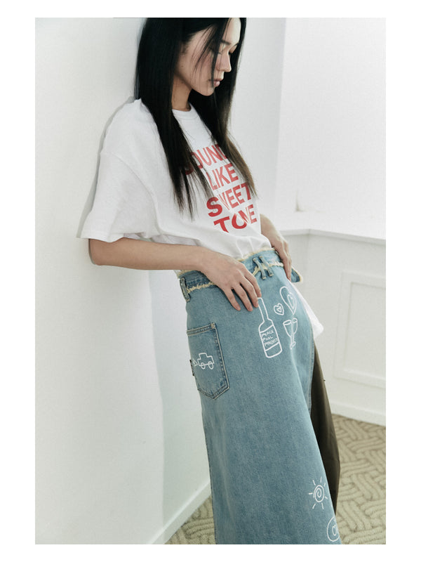 [vaca. x peace pool project] FRINGE WASHING DENIM LAYERED SKIRT (HALF APRON)