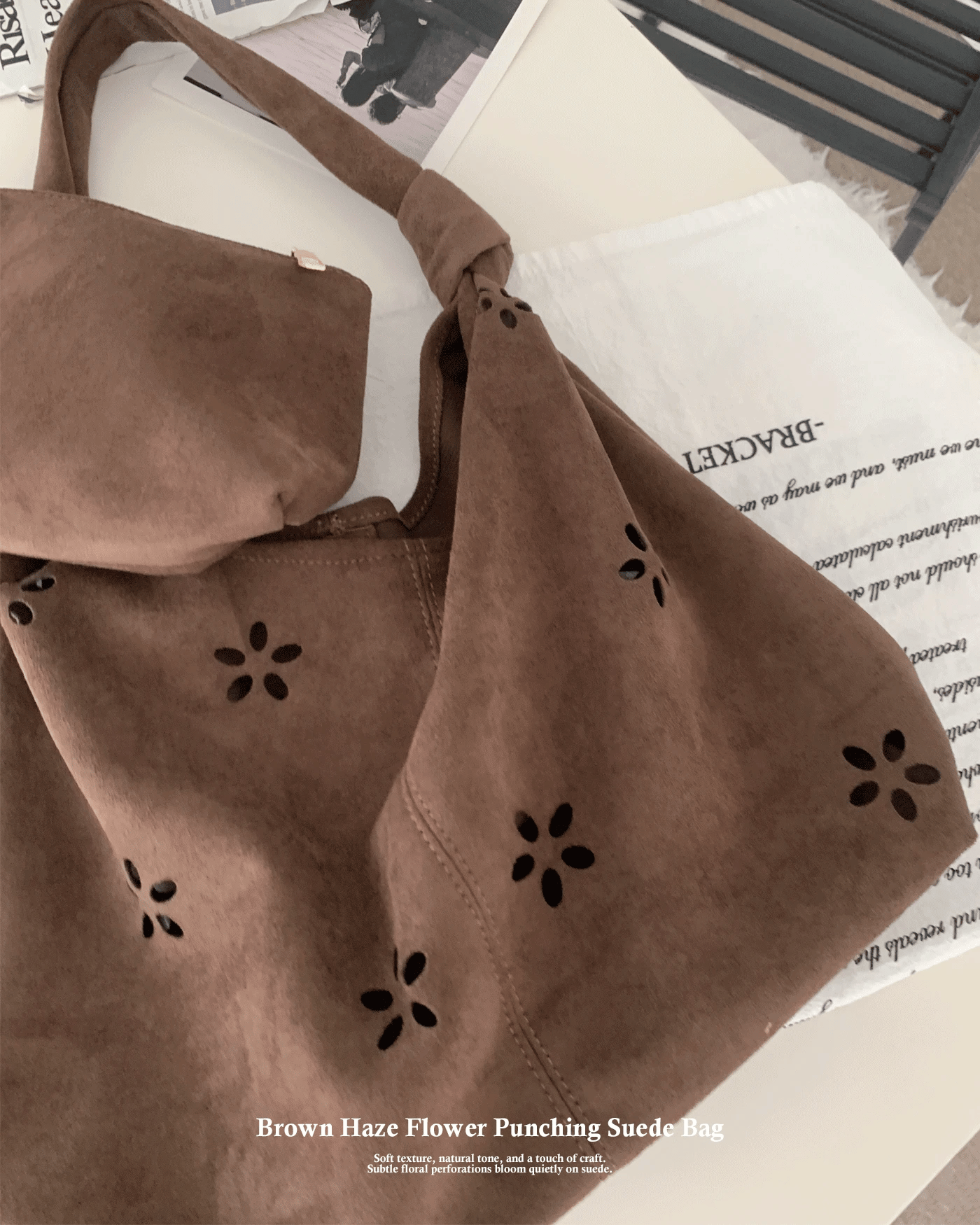 Brown Haze Flower Punching Suede Twist Shoulder Bag (Brown)