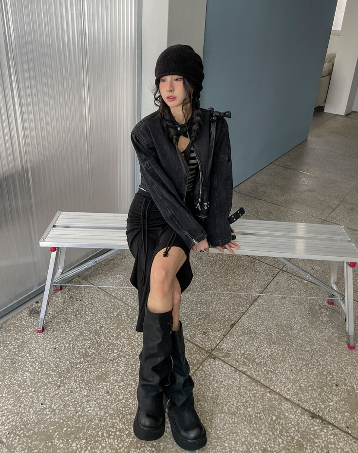 【U LAN】Denim Pad Crop Rider Jacket Denim Pad Crop Rider Jacket - ULAN | 60% - Asian Fashion