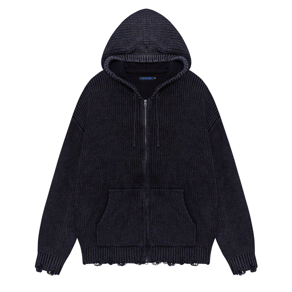 Sserpe Destroyed Cotton Knit Hoodie Zip Up Charcoal