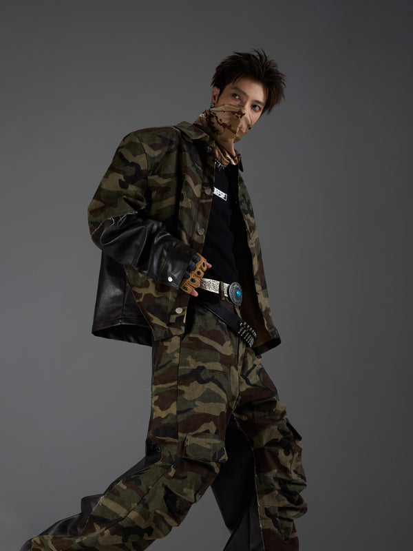 camouflage stitching PU leather jacket