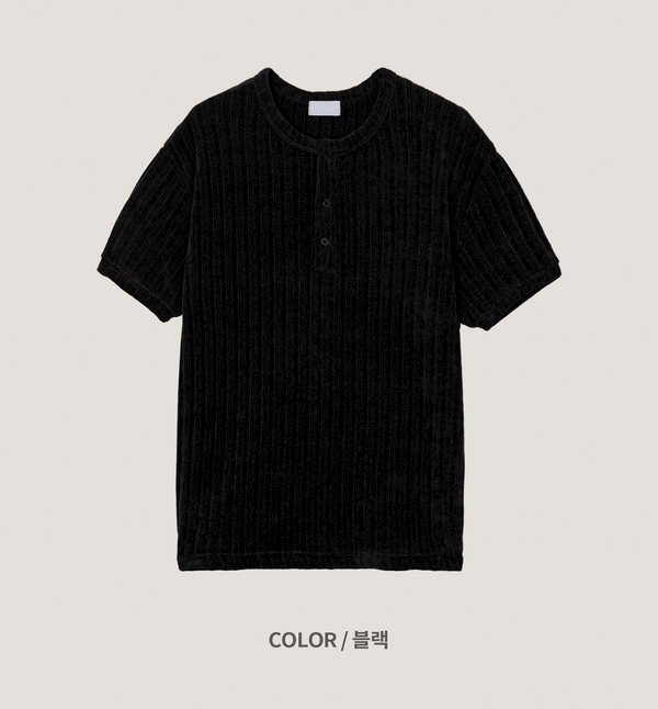 velour corduroy henly-neck short sleeve knit