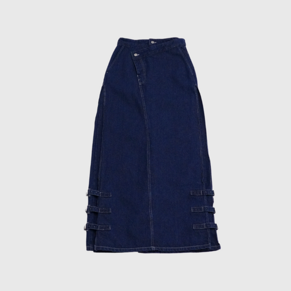 belt long denim skirt