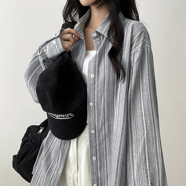 Canmi linen fine ストライプオーバーサイズフィットシャツ