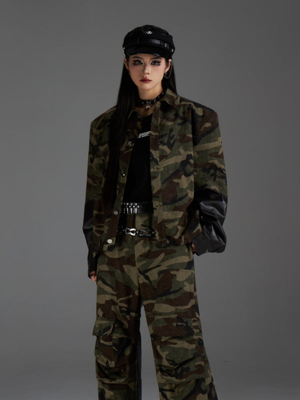 camouflage stitching PU leather jacket