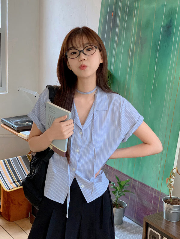 Stripe Crop Short Sleeve Shirt + Tie Set (3color)