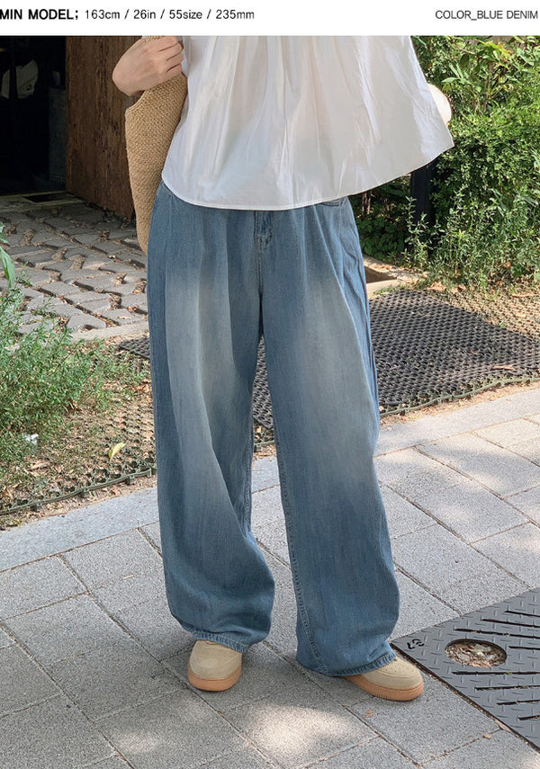 Summer Pintuck Washed Wide Denim Pants