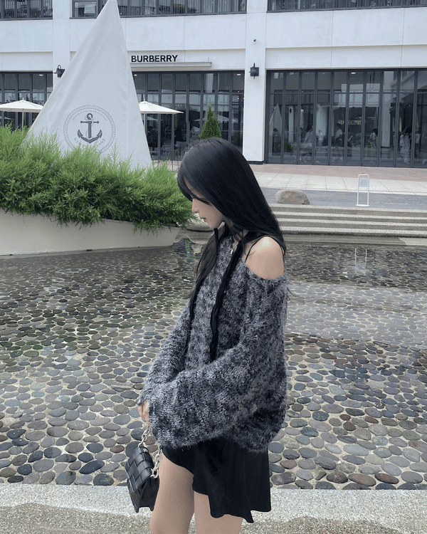 ボカシグラディエントミックスアンゴラオフショルダーリップネックルーズフィットニット (6 colors)