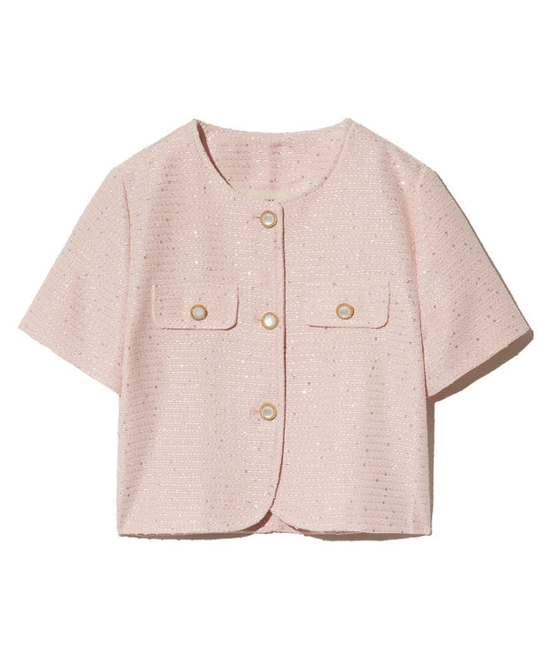 85-VIVAJ055 Textured Round Crop Tweed Half Jacket Pink