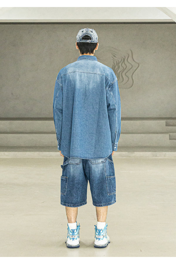 RELAX WASHED DENIM POCKET LONG SHIRTS MSFST001-BL