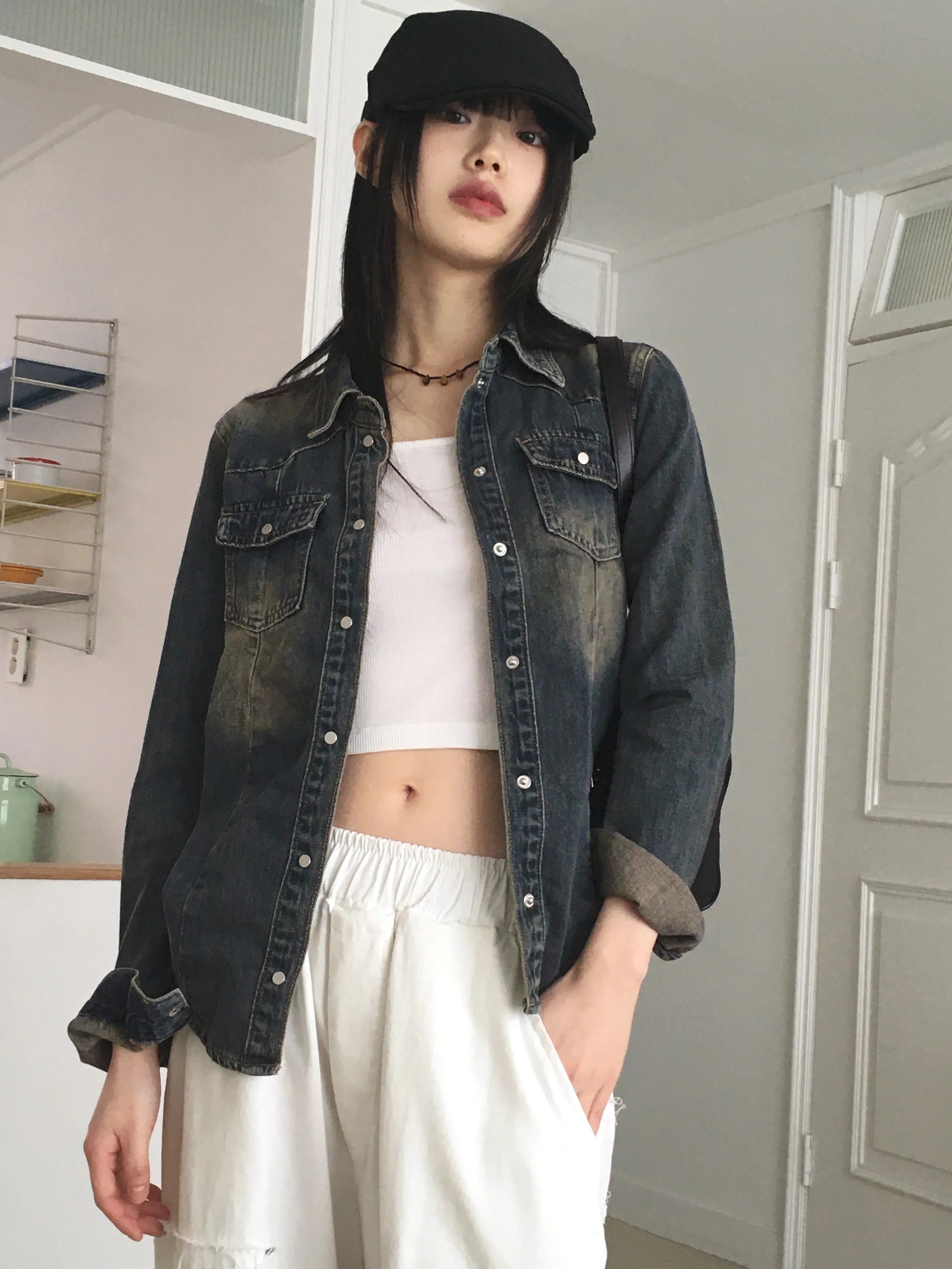 【即日発送】Kohel Vintage Washed Slim Fit Denim Shirt