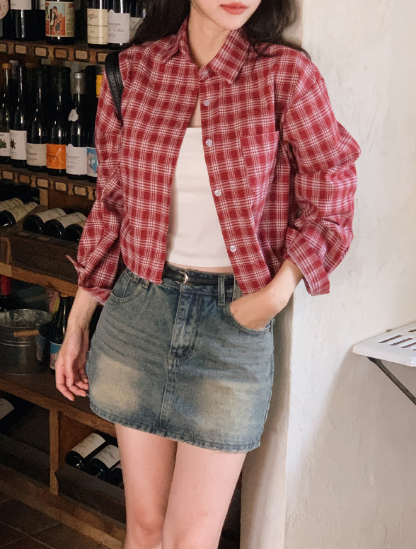 #Red Autumn Check Crop Shirt (3color)