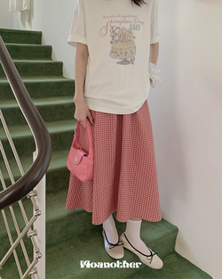 PINK CHECK BANDING LONG SKIRT