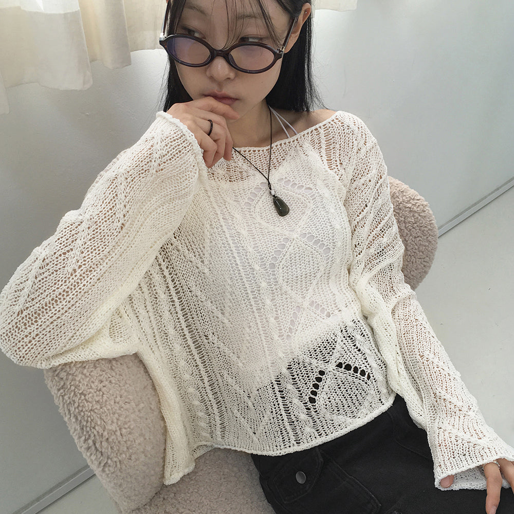 Erpi wave punching see-through lip neck long sleeve knit