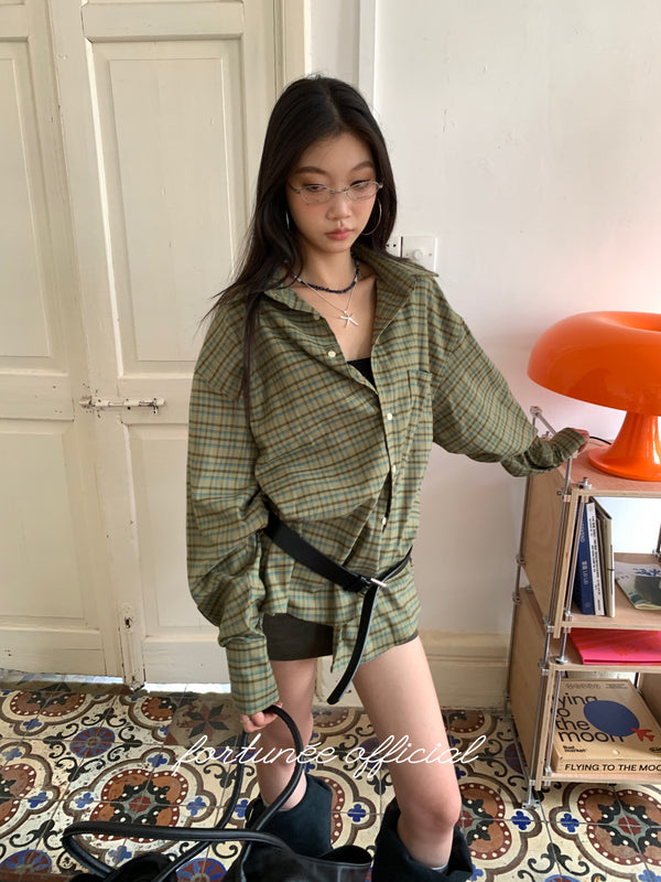 Khaki Checkered Loose Fit Boxy Shirt