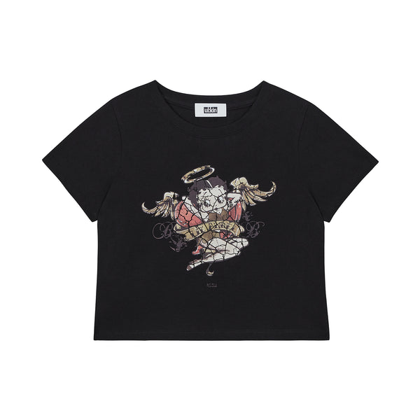 [ULKIN X BettyBoop] エンジェルタトゥセミクロップ半袖Tシャツ_Black