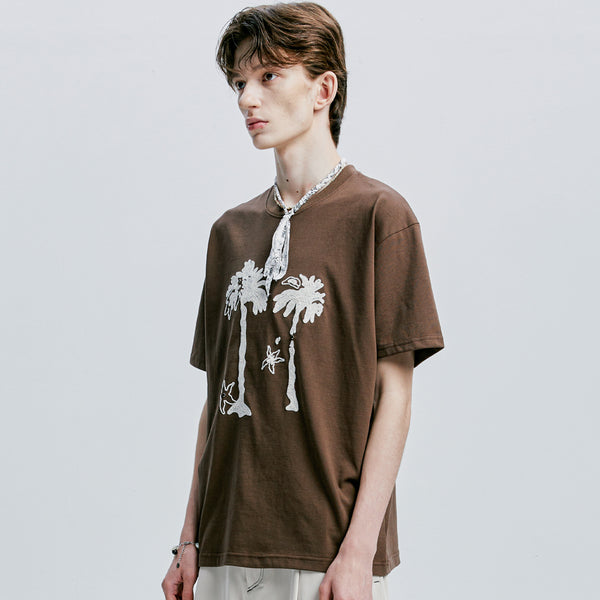 palm tree & eyelet chain needlework t-shirt brown