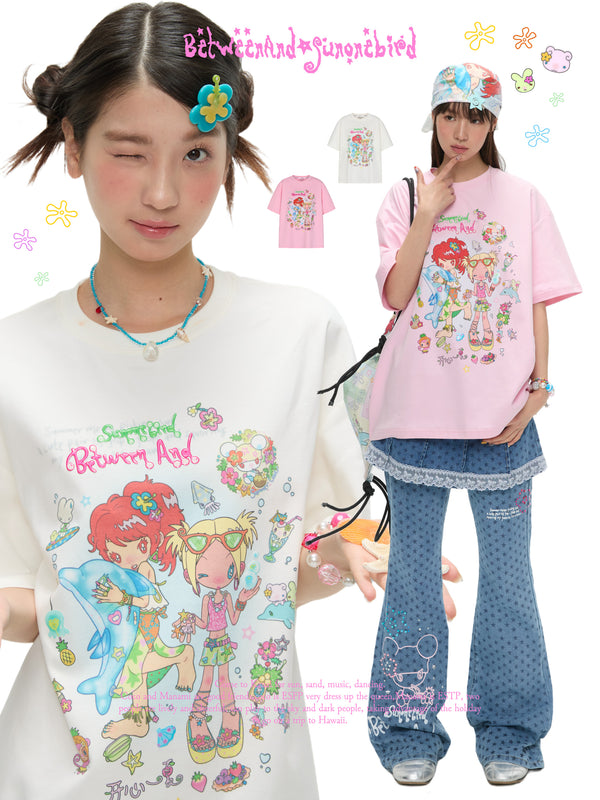 BETWEENAND x Bird and Bird サマーツーカラーピュアコットンクルーネックプリントTシャツ