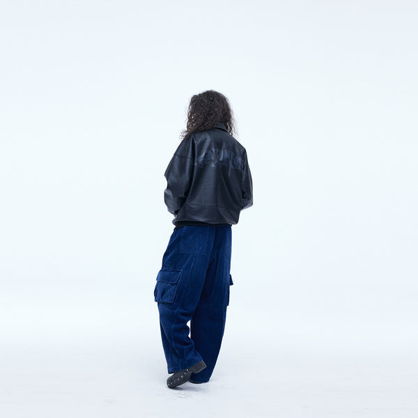 Washing Corduroy Cargo Banding Denim Pants Blue