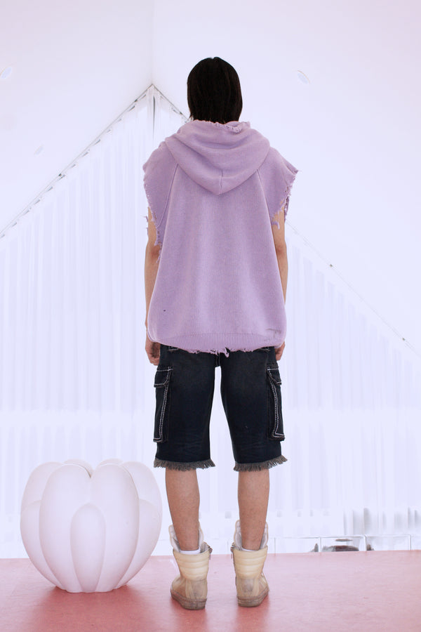 DAMAGED KNIT NON SLEEVE HOODIE