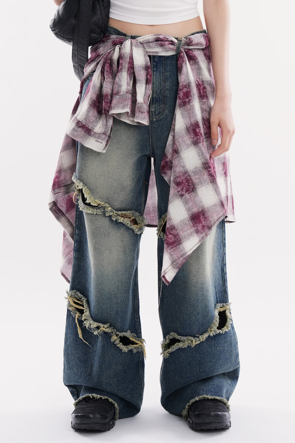 Star rivet rough cut-out denim pants