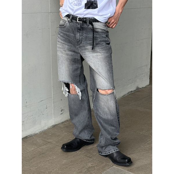 [Unisex] Daily gray destroyed denim pants