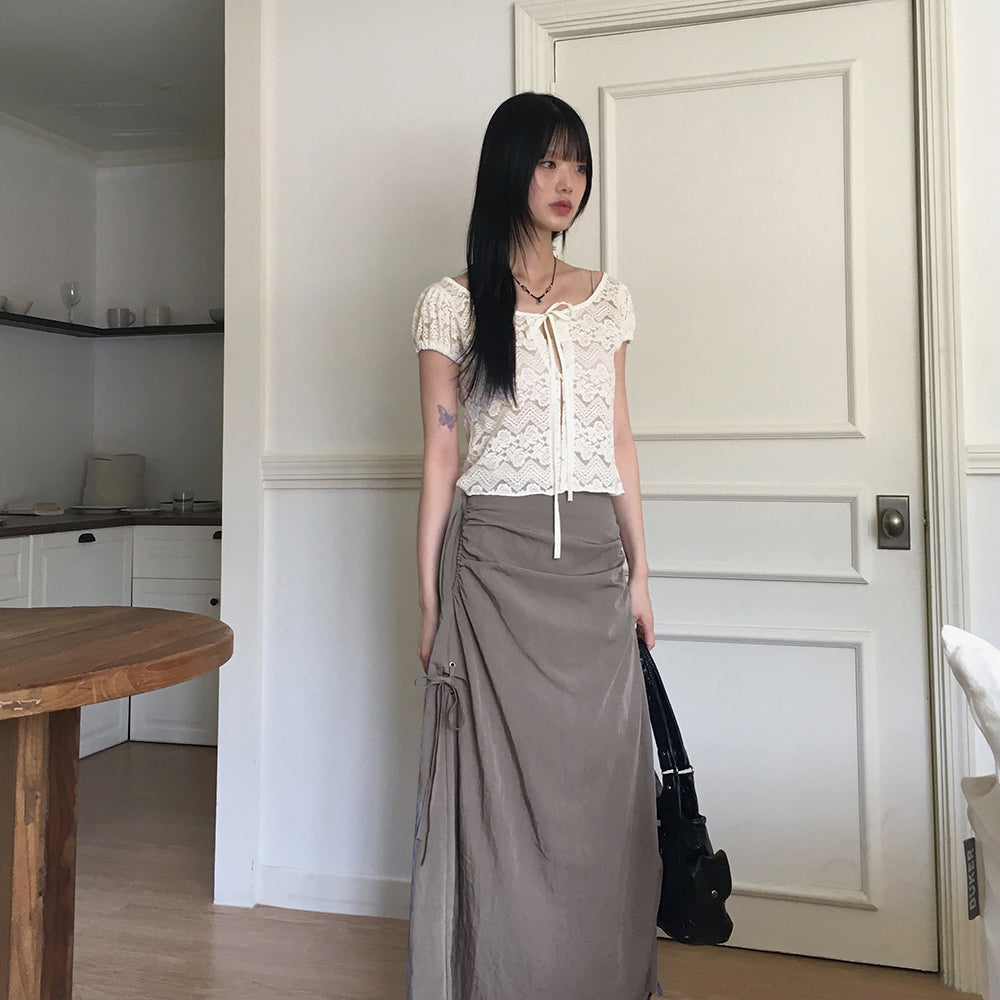 [MADE] Tpole rose see-through button strap puff short-sleeved cardigan