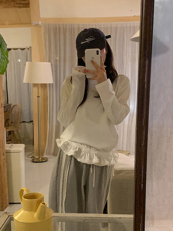 [Layered/Strap] モンツサマーレイヤードフリルレースコットンロングスリーブTシャツ (2 Colors)
