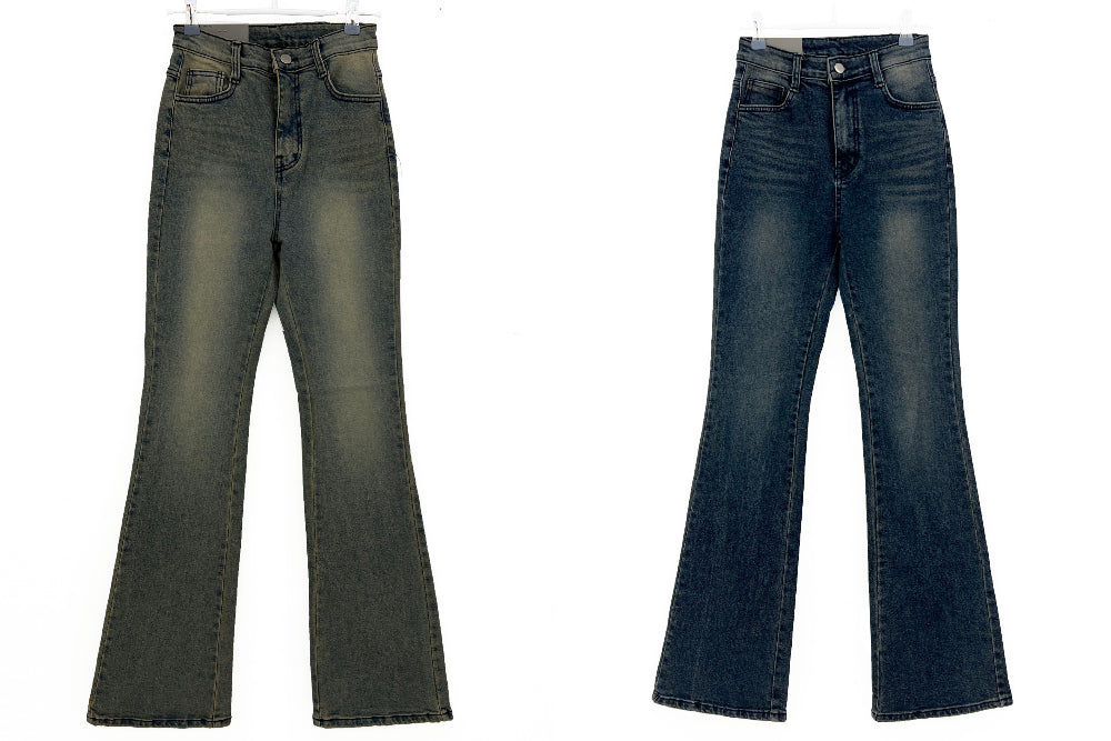 High waist light & deep blue washed bootcut long denim pants (2 colors)